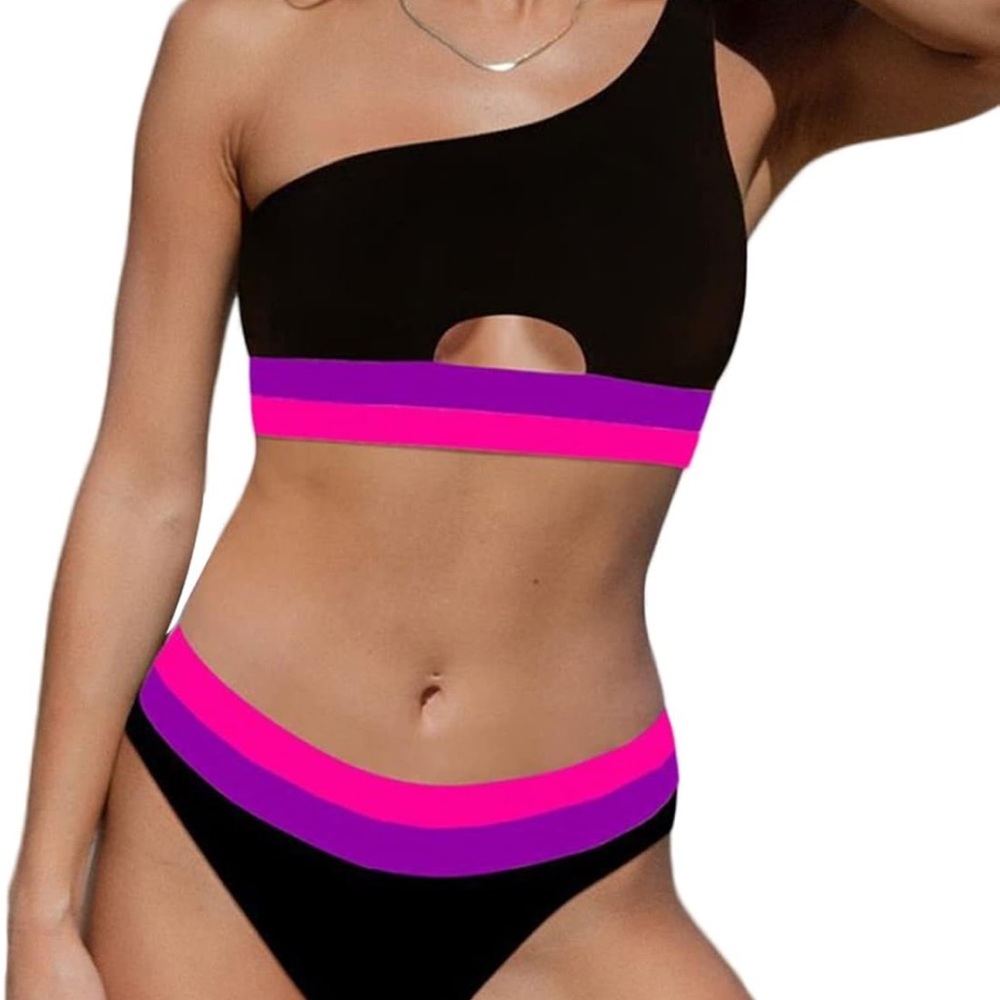 NWT Women's Two Piece Bikini Set, One Shoulder High Waist Swimsuits size M
